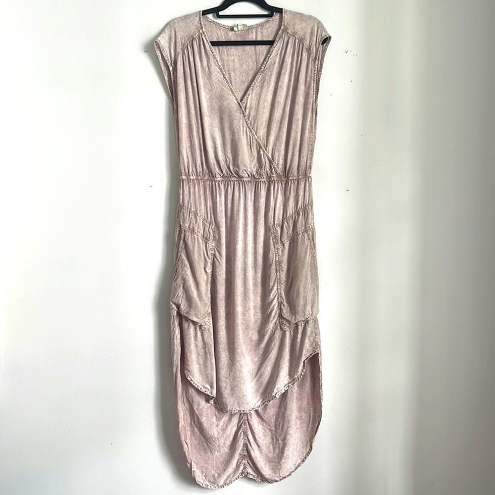 ANTHRO The Odells stone washed hi low V neck faux wrap patch pocket dress sz XS